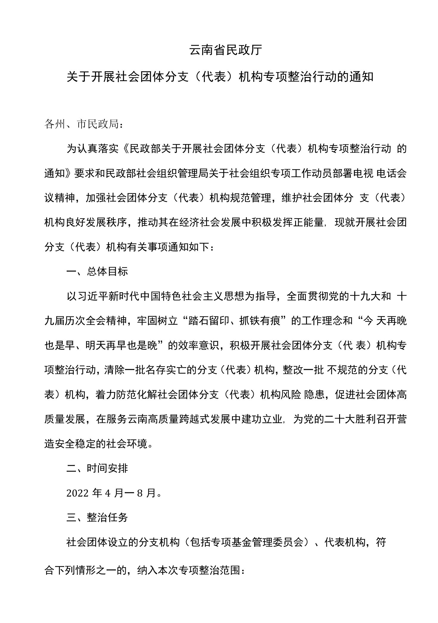 云南省民政厅关于开展社会团体分支（代表）机构专项整治行动的通知（2022年）