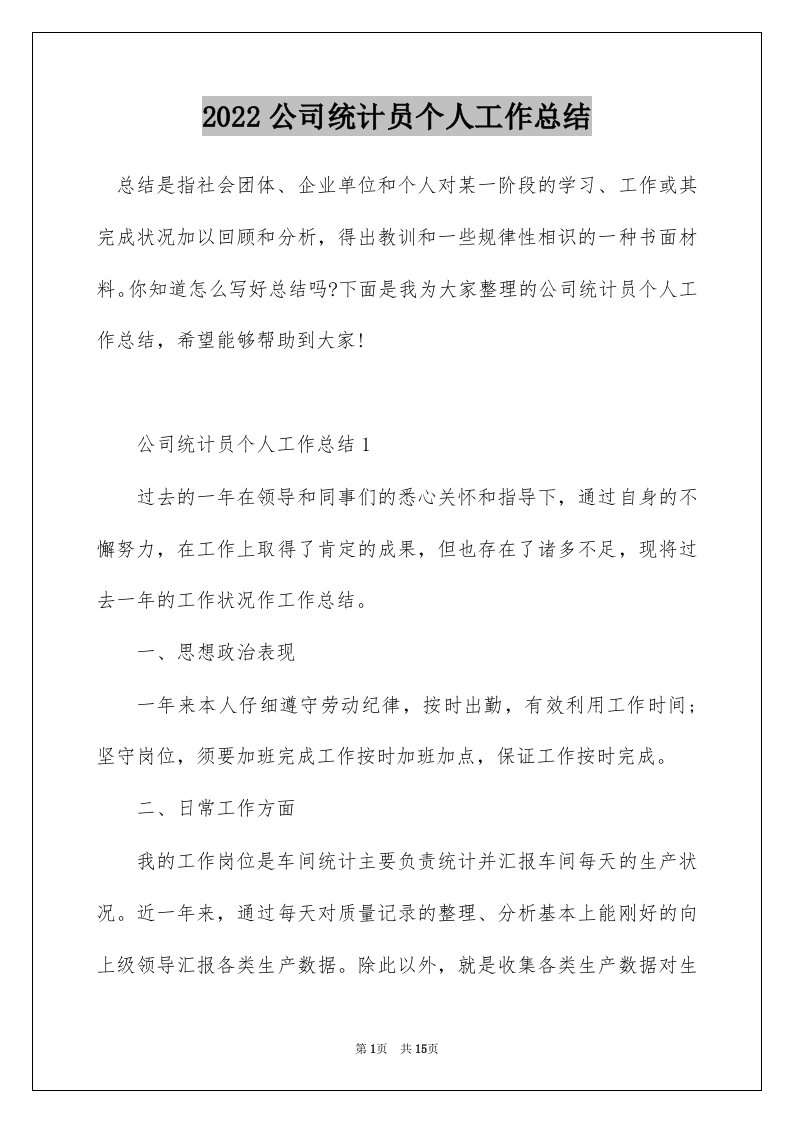 2022公司统计员个人工作总结