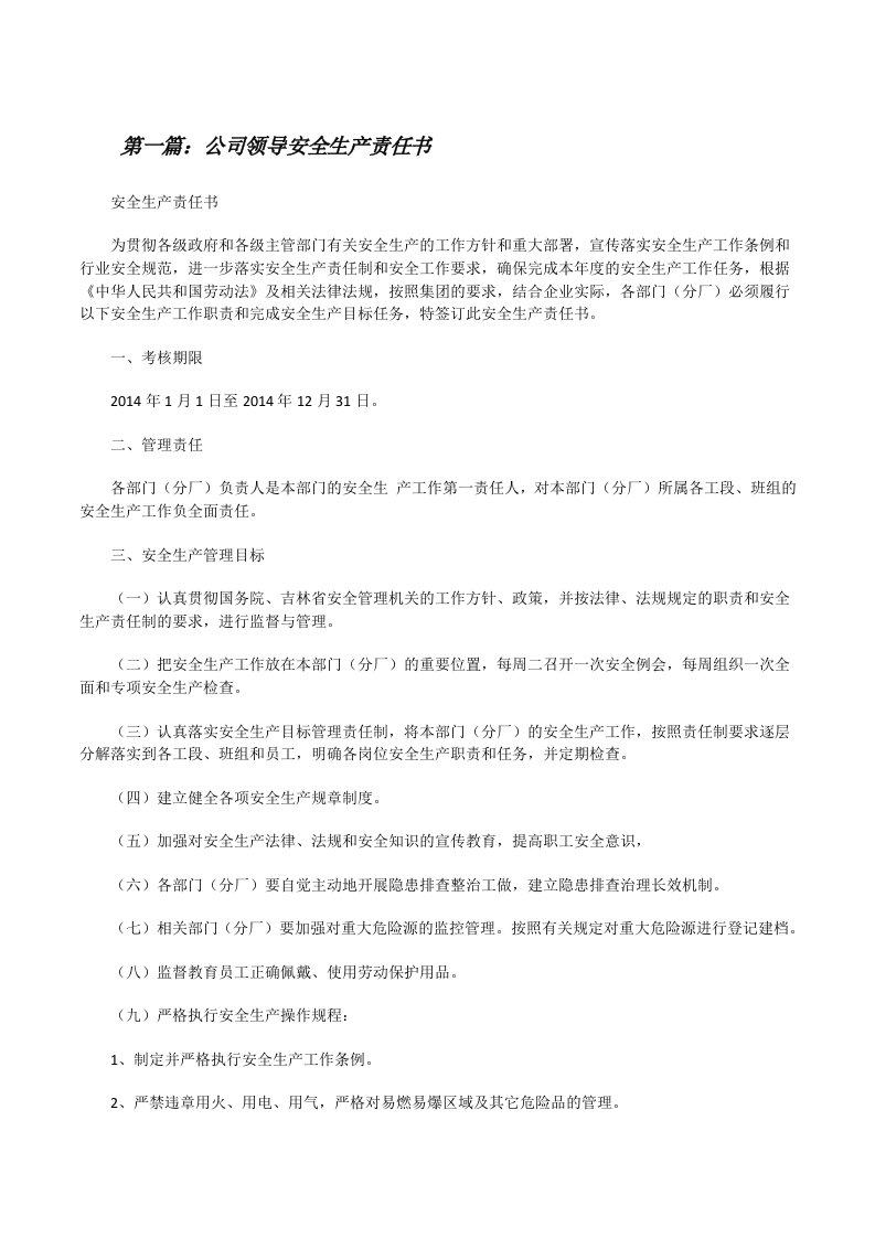 公司领导安全生产责任书（共5篇）[修改版]