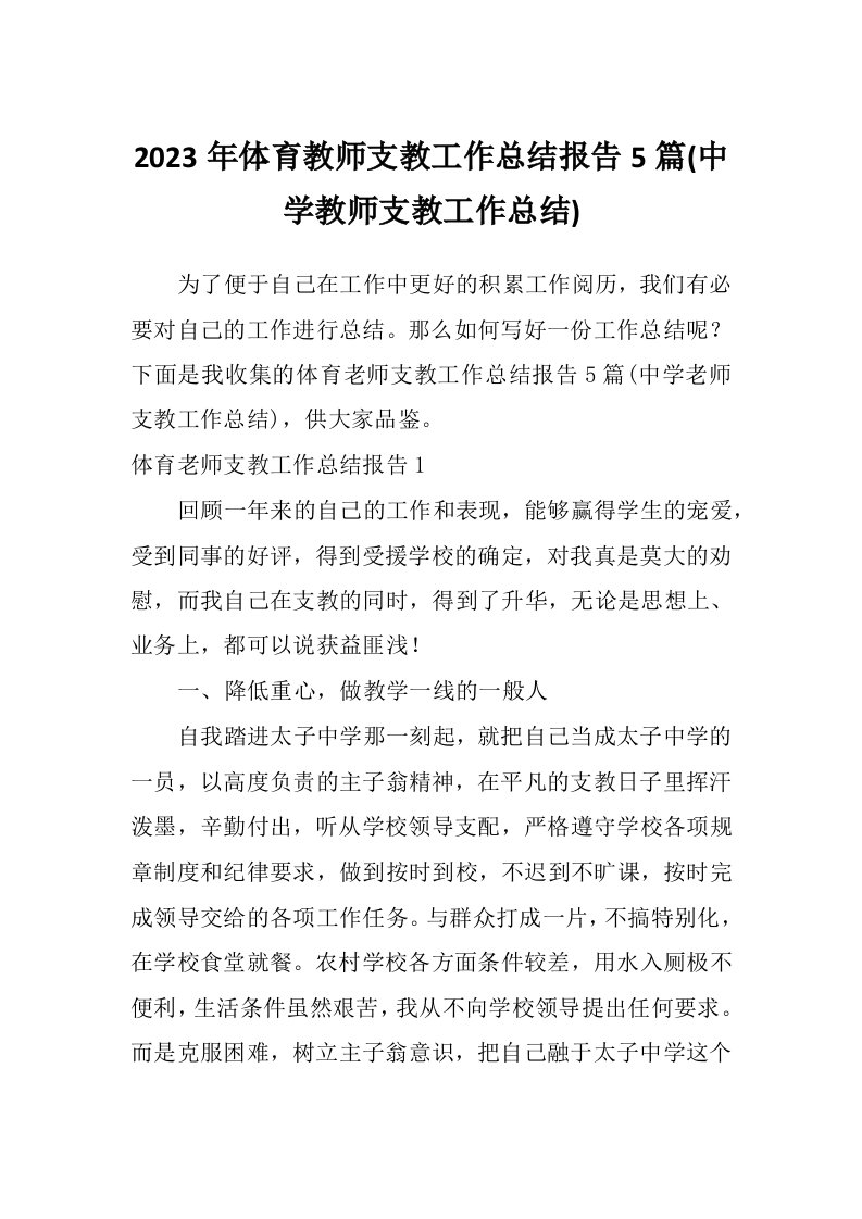 2023年体育教师支教工作总结报告5篇(中学教师支教工作总结)