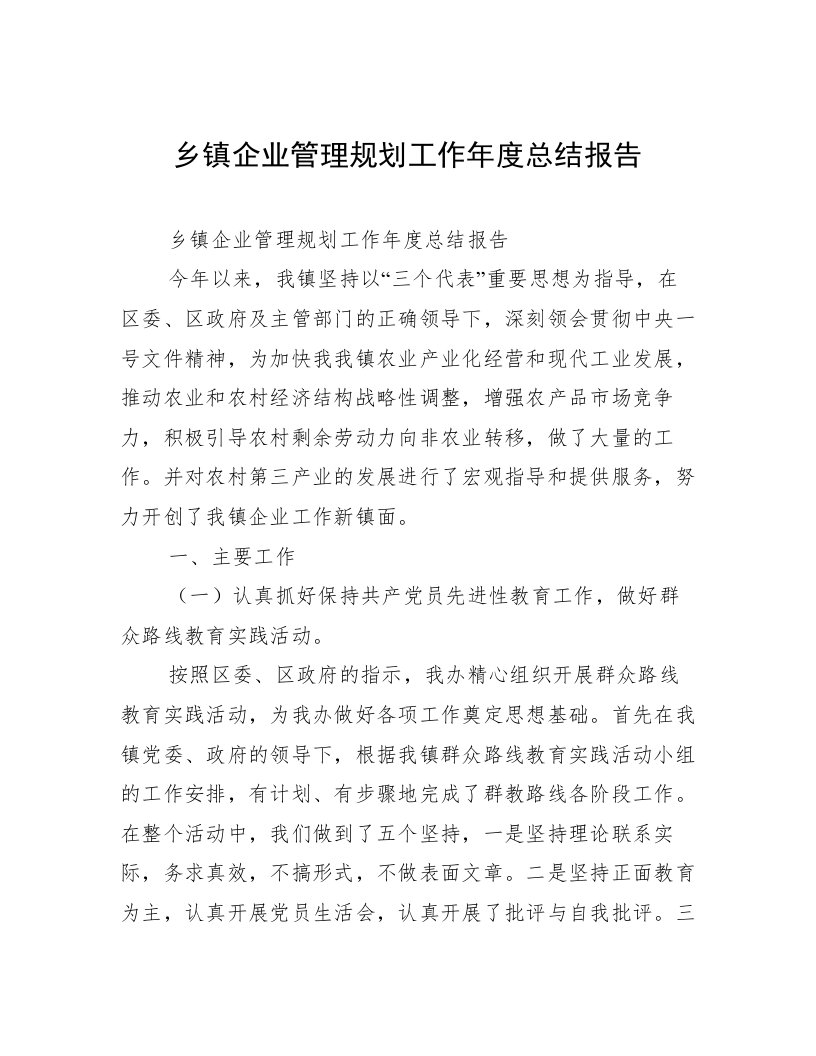 乡镇企业管理规划工作年度总结报告