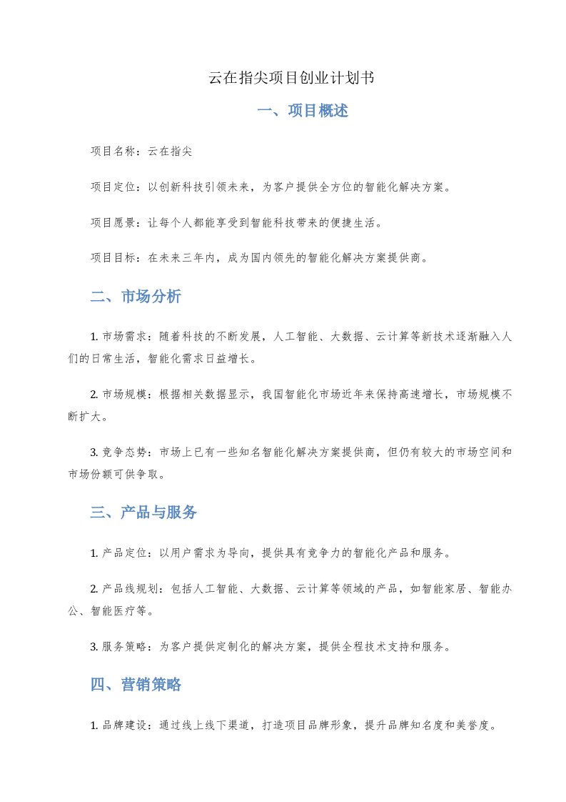 云在指尖项目创业计划书