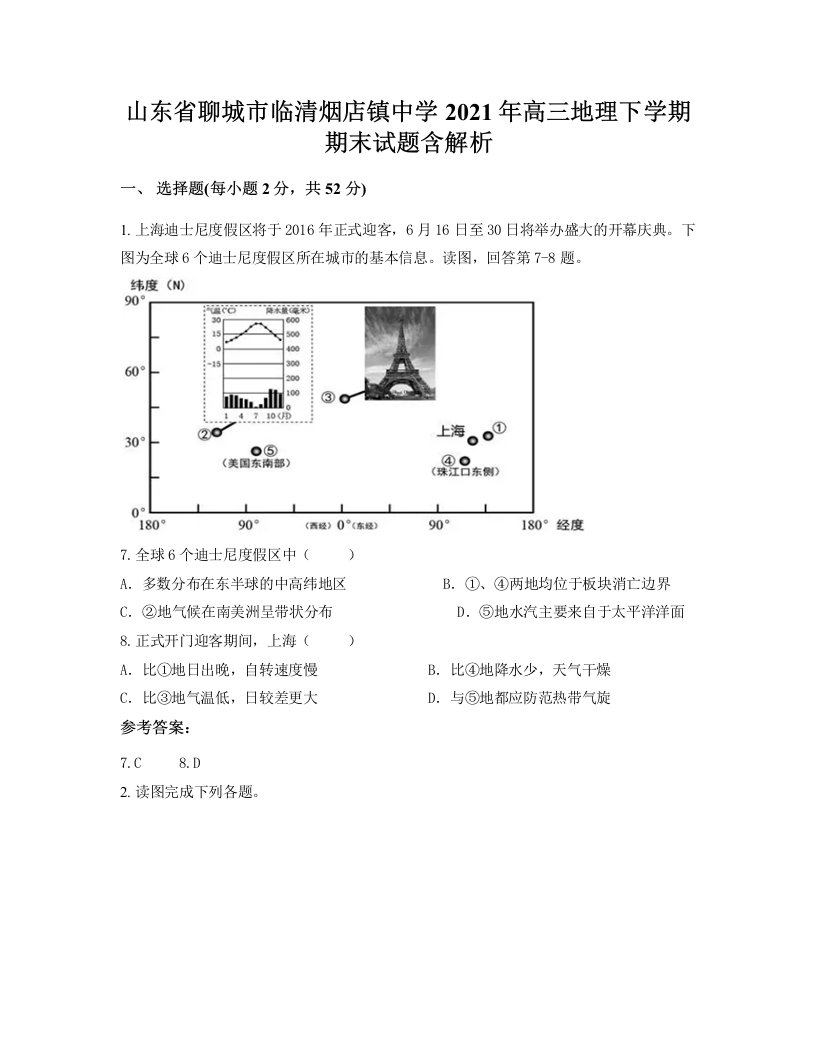 山东省聊城市临清烟店镇中学2021年高三地理下学期期末试题含解析