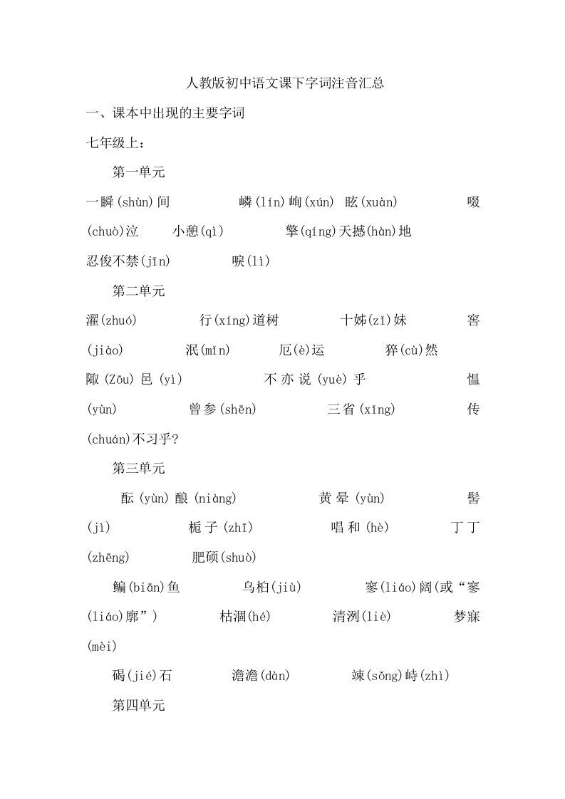 人教版初中语文课下字词注音汇总