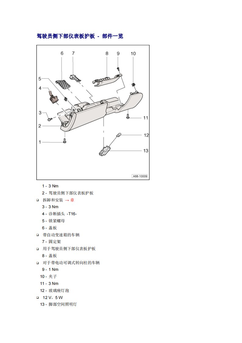 奥迪A6L车身内部杂物箱及盖板拆装指导手册