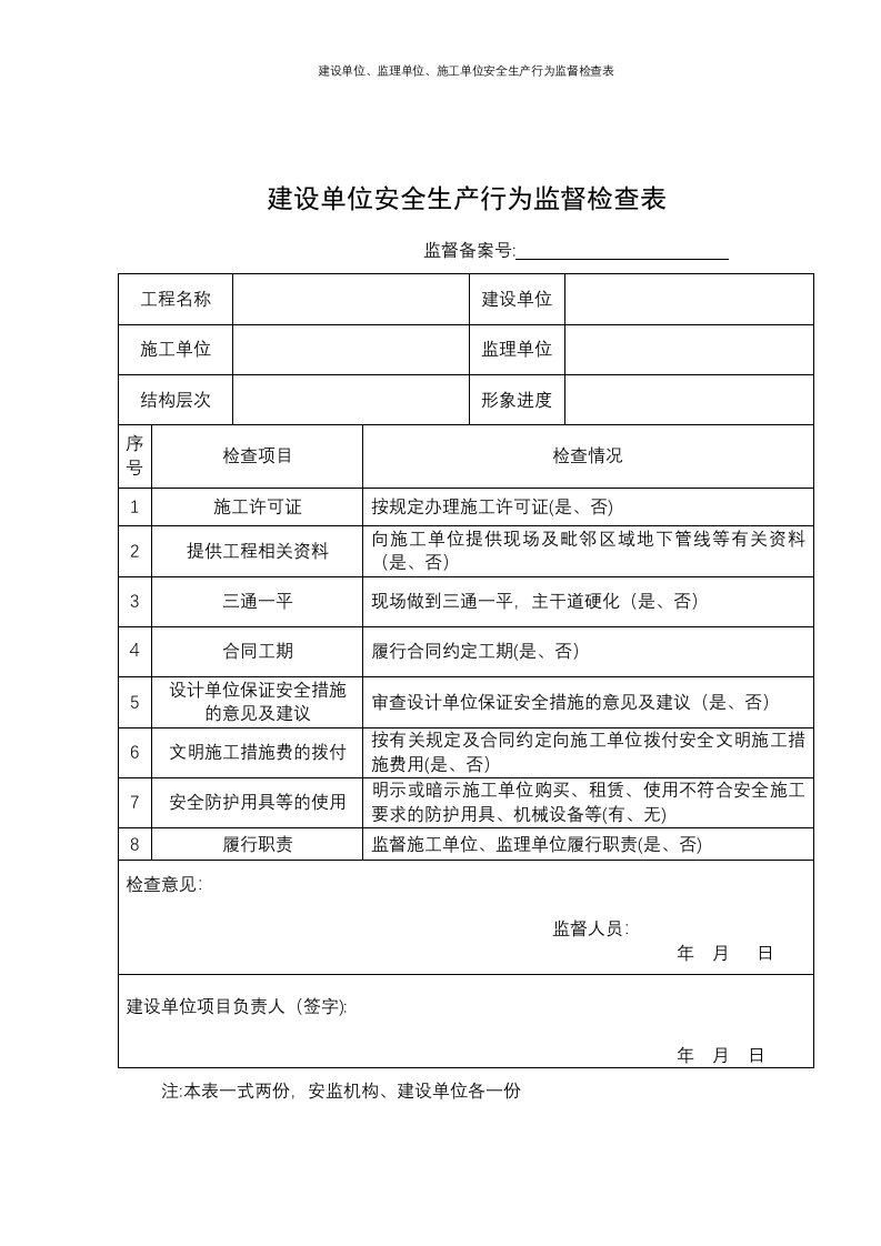 建设单位、监理单位、施工单位安全生产行为监督检查表