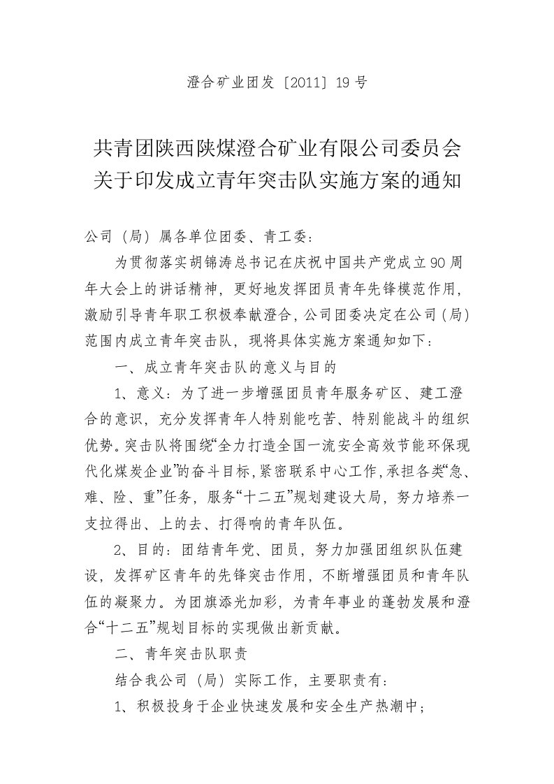 关于印发成立青年突击队实施方案的通知