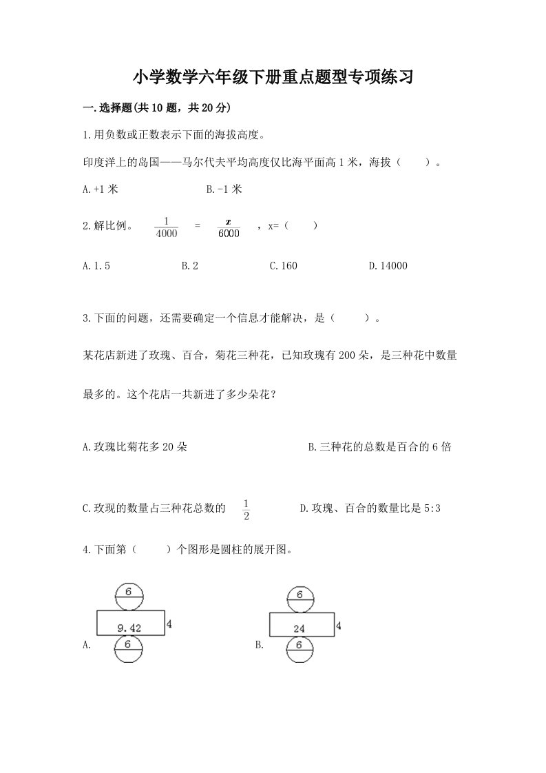 小学数学六年级下册重点题型专项练习带答案（综合题）