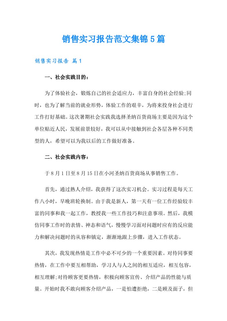 销售实习报告范文集锦5篇