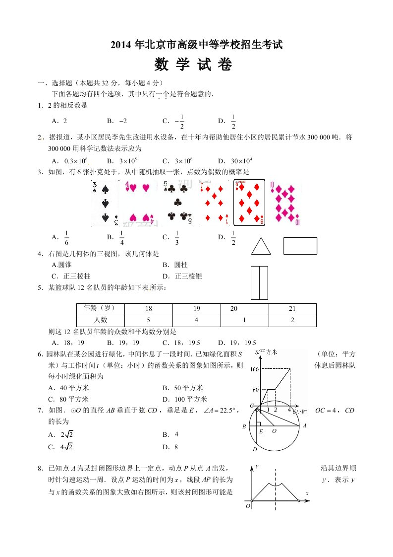 2014年北京中考数学试题及答案