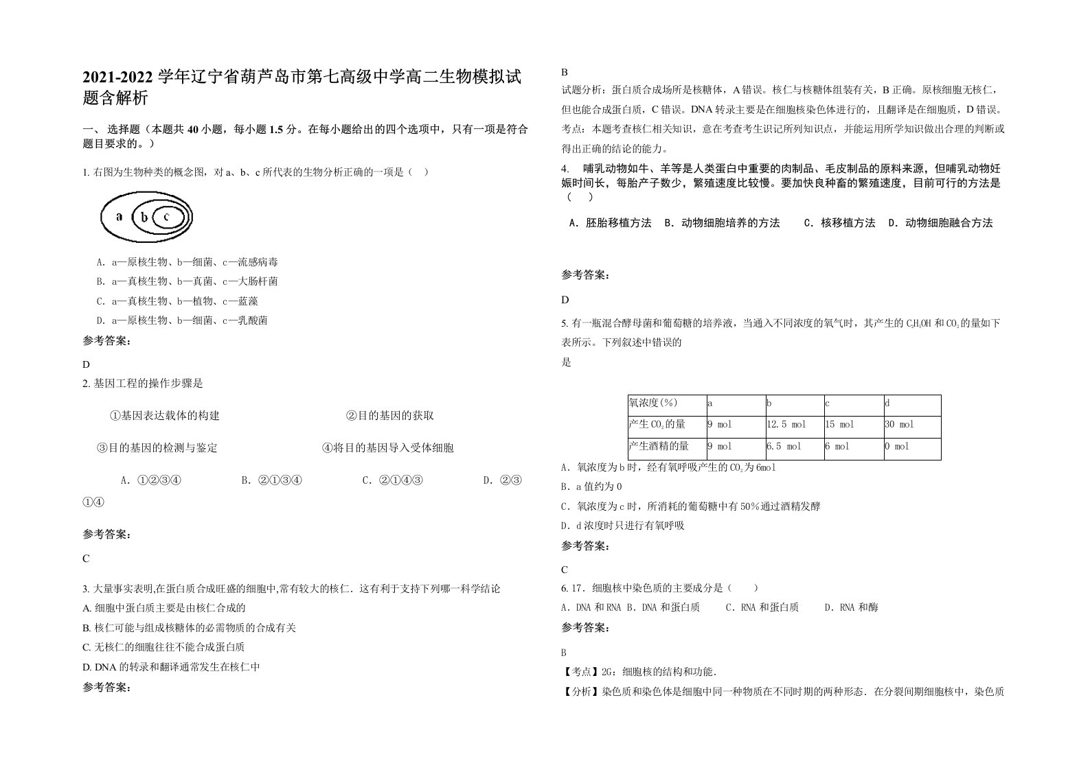 2021-2022学年辽宁省葫芦岛市第七高级中学高二生物模拟试题含解析