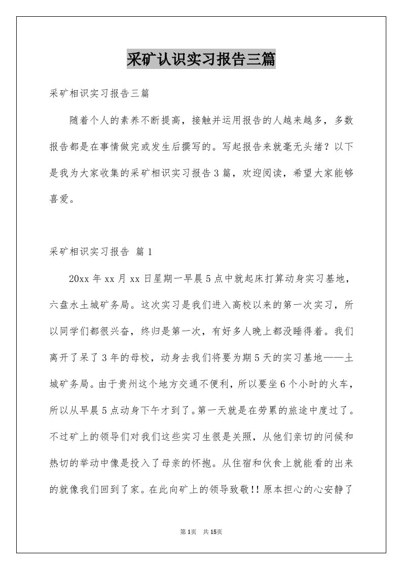 采矿认识实习报告三篇例文