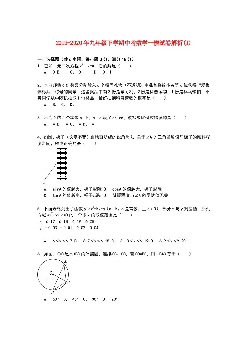 2019-2020年九年级下学期中考数学一模试卷解析(I)