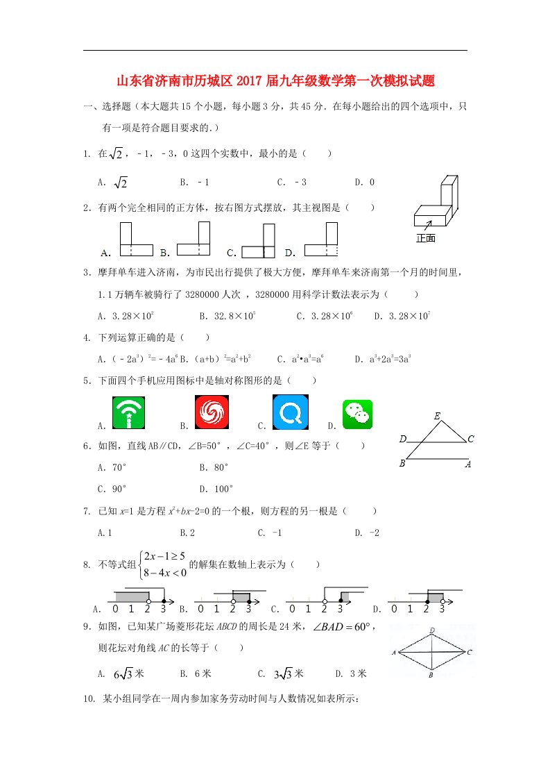 山东省济南市历城区2017届九年级数学第一次模拟试题