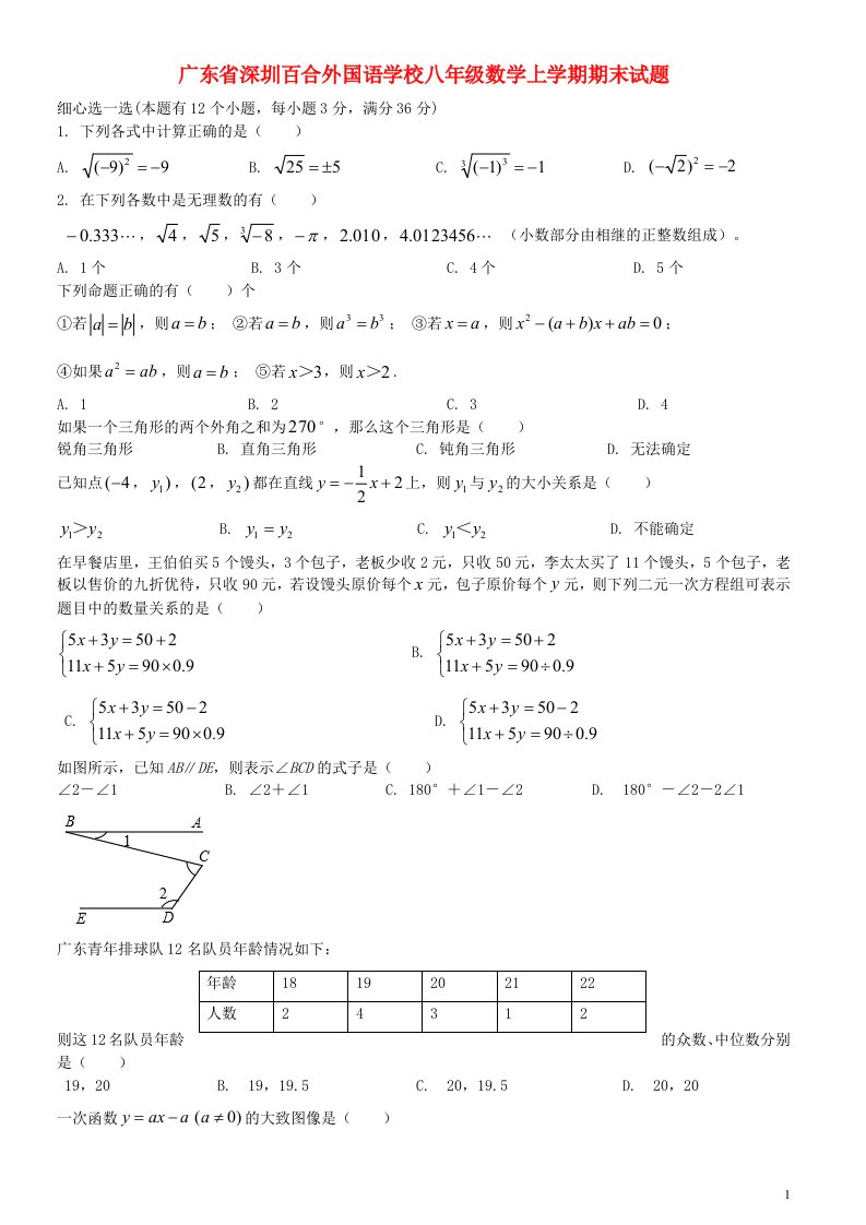 广东省深圳市百合外国语学校八级数学上学期期末试题（无答案）