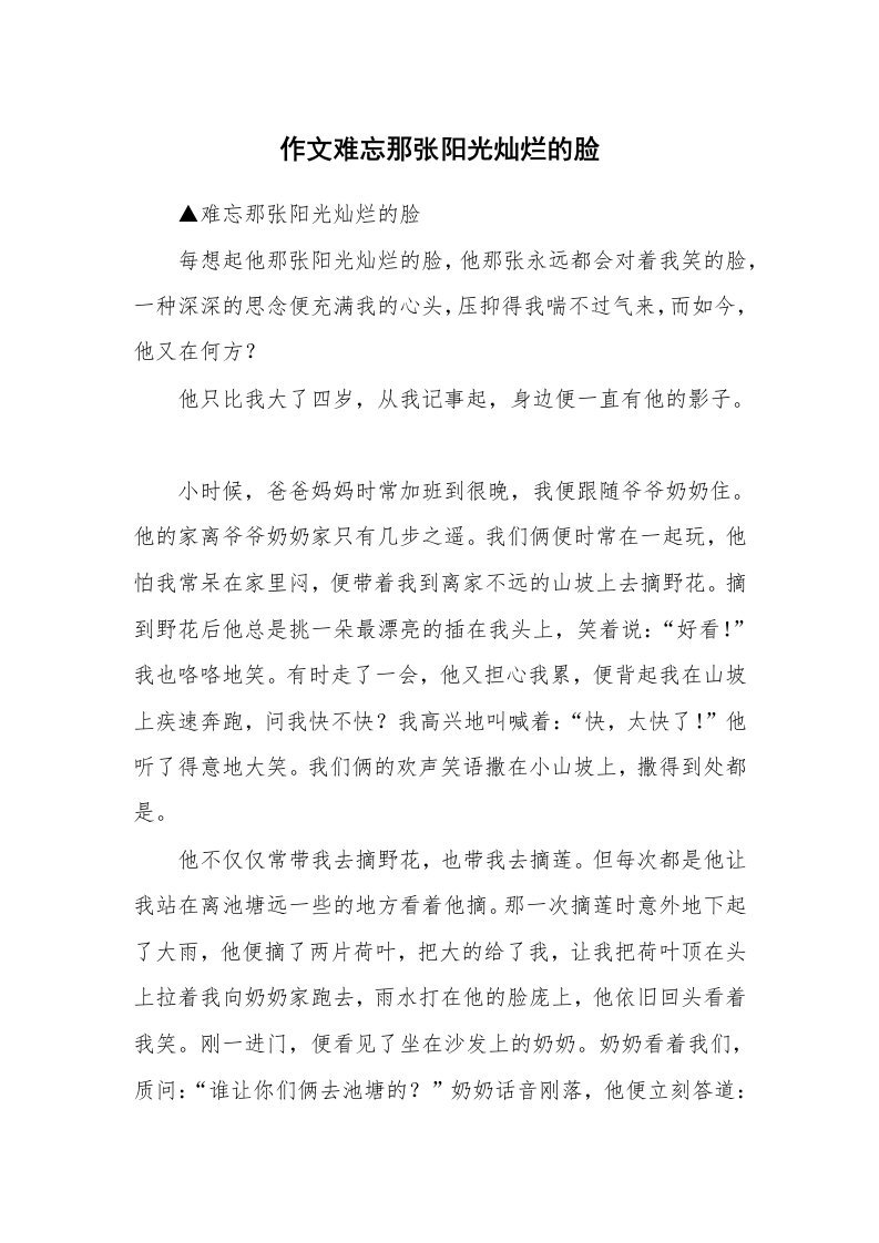 作文难忘那张阳光灿烂的脸