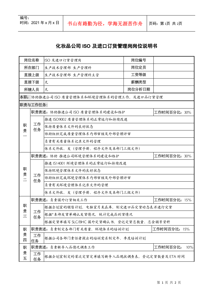 化妆品公司iso及进口订货管理岗岗位说明书