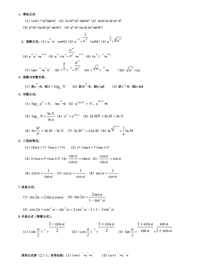 高等数学一(微积分)常用公式表