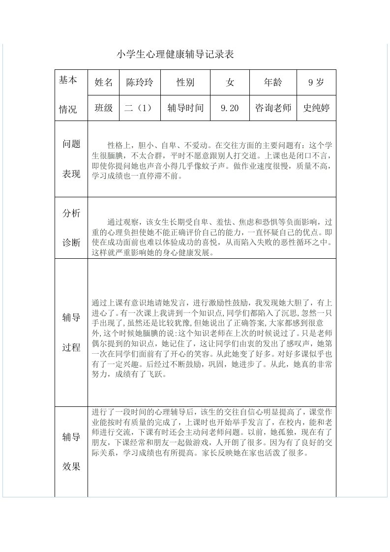 小学生心理健康辅导记录表206