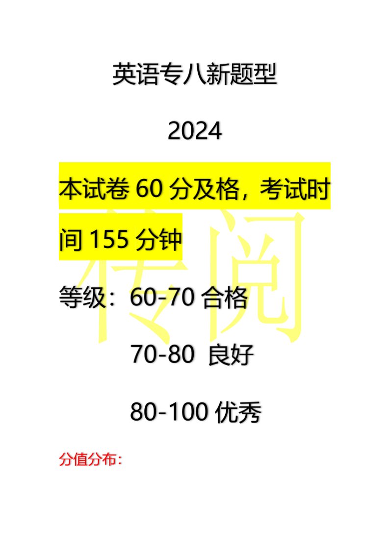 2024年英语专八考试分值分布