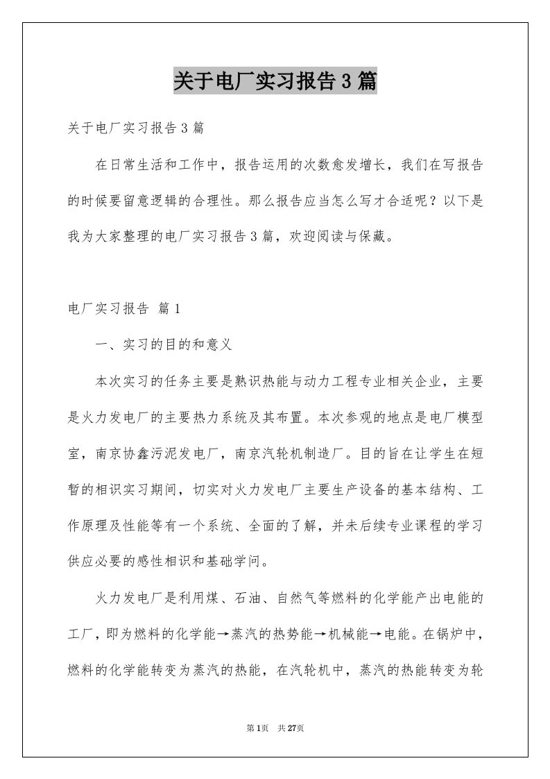 关于电厂实习报告3篇