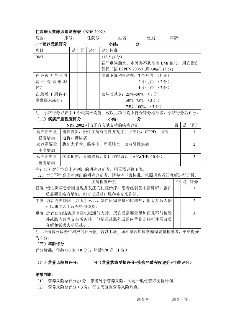 住院病人营养风险筛查表