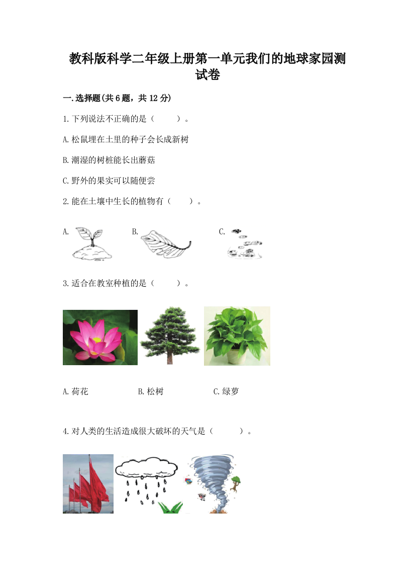 教科版科学二年级上册第一单元我们的地球家园测试卷附答案（综合卷）