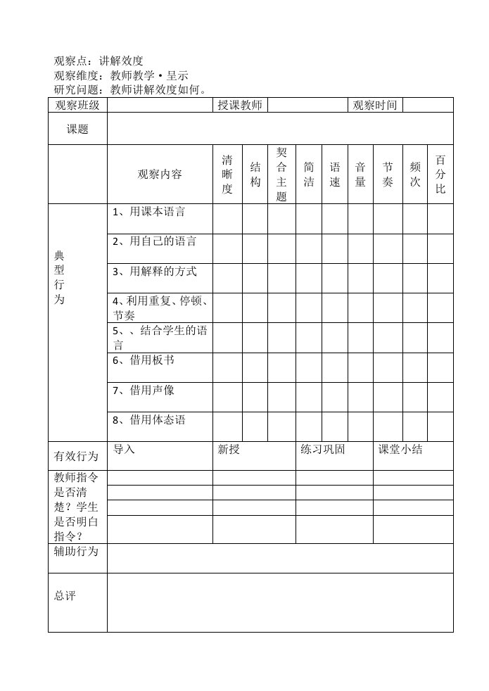 教师讲解效度课堂观察量表