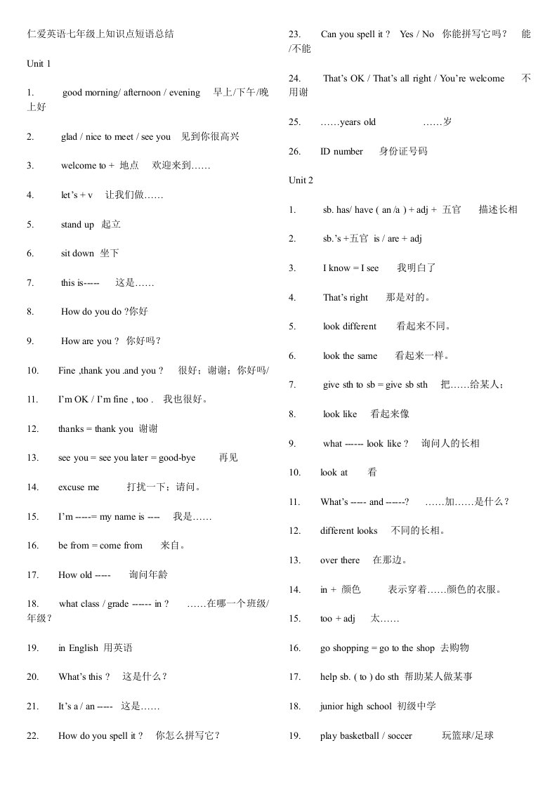 仁爱英语七年级上知识点短语总结