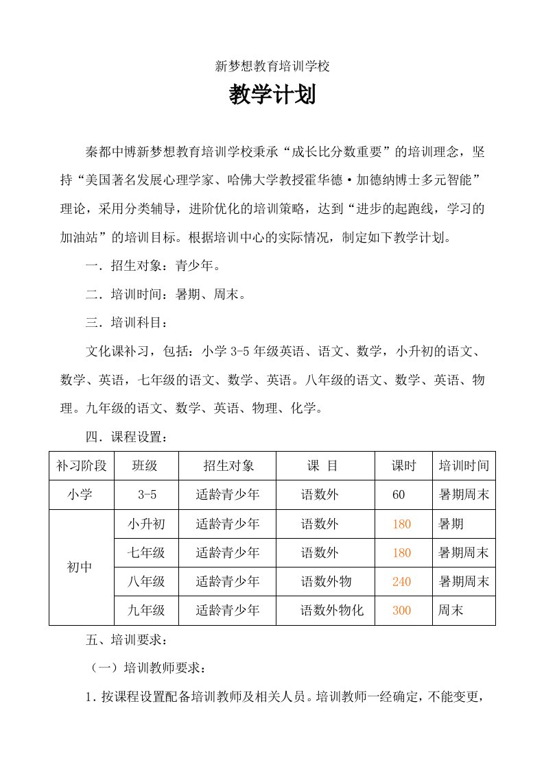 培训中心教学计划