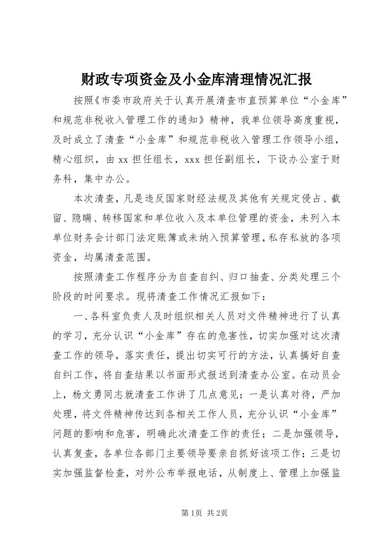 财政专项资金及小金库清理情况汇报