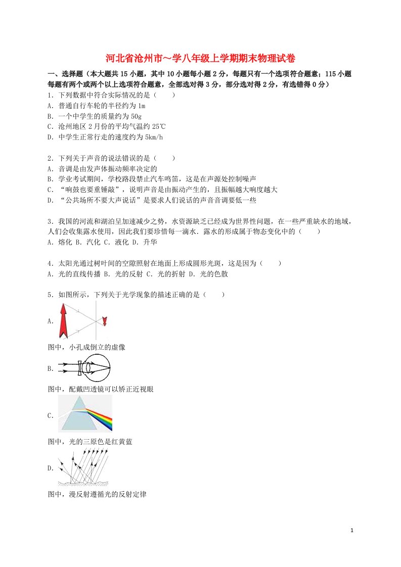 河北省沧州市八级物理上学期期末试题（含解析）