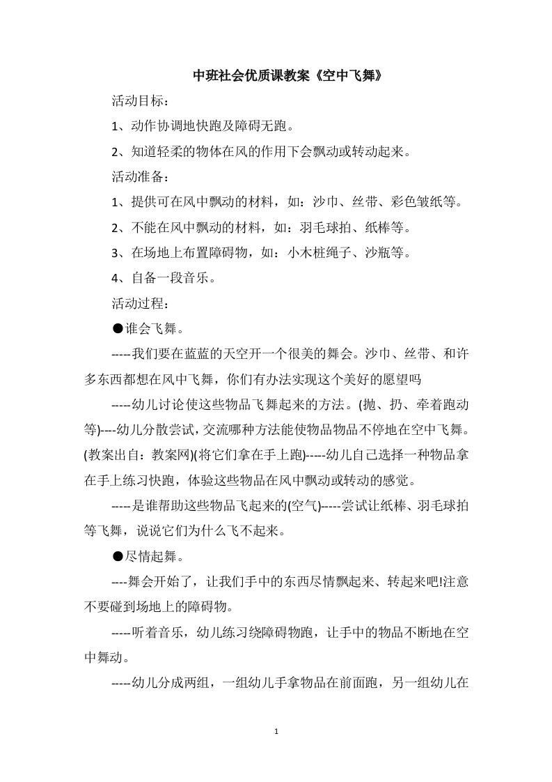 中班社会优质课教案《空中飞舞》