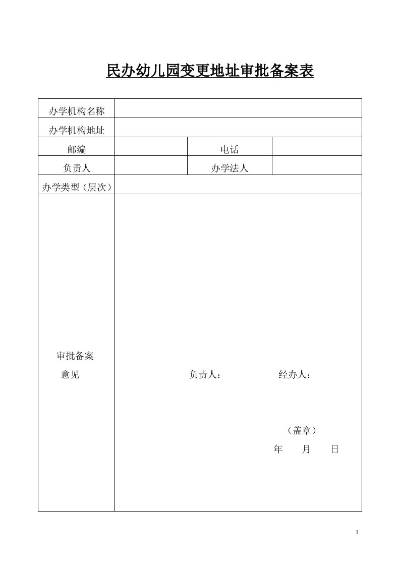 民办幼儿园变更地址审批备案表