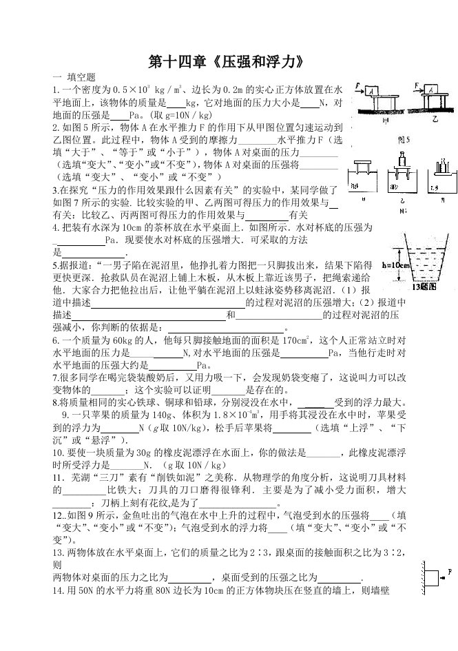 人教版九年级物理第十四章《压强和浮力》