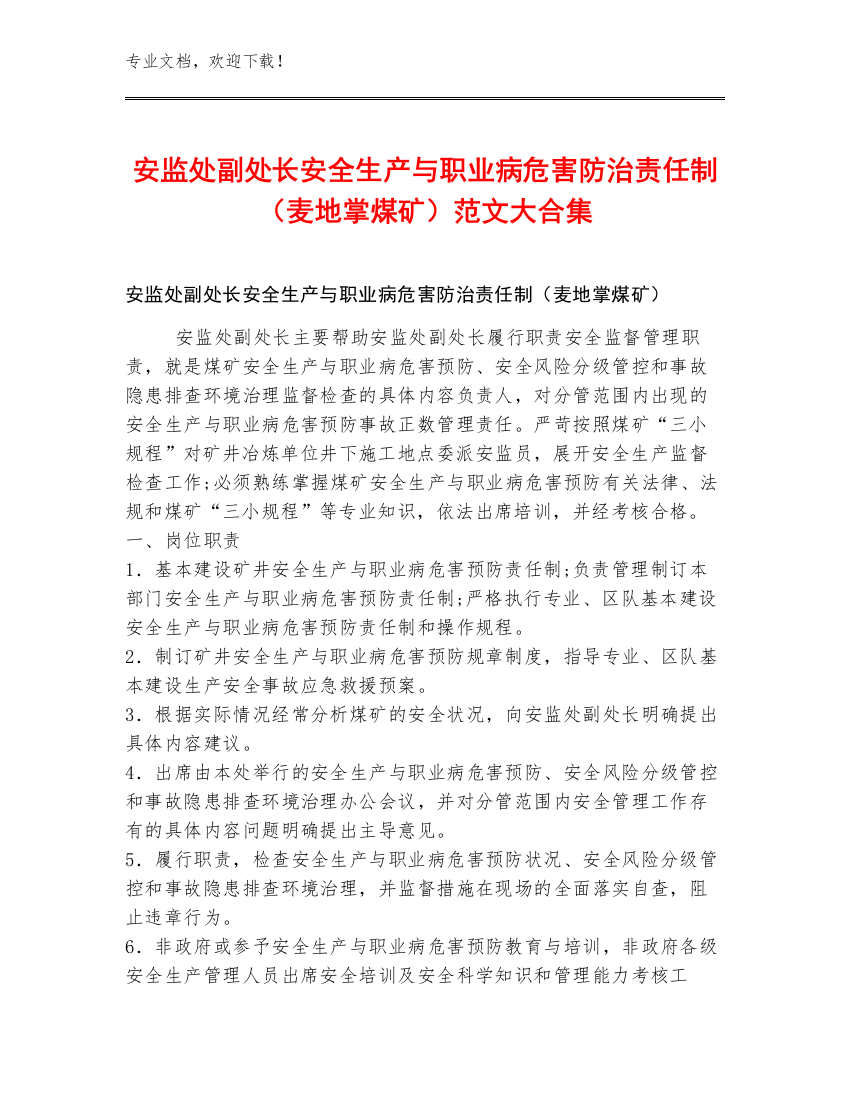 安监处副处长安全生产与职业病危害防治责任制（麦地掌煤矿）范文大合集