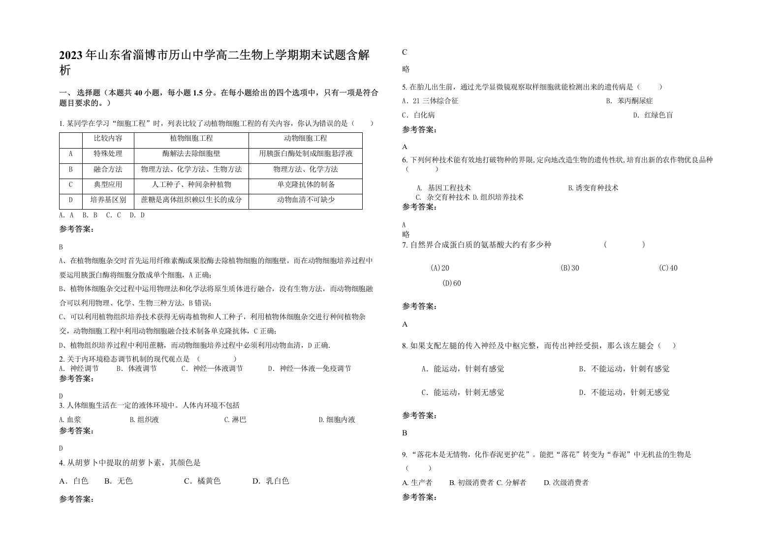 2023年山东省淄博市历山中学高二生物上学期期末试题含解析