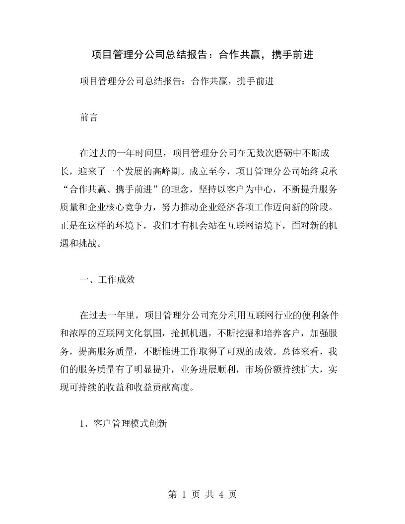 项目管理分公司总结报告：合作共赢，携手前进