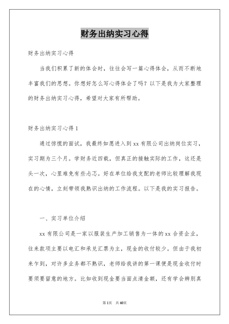 财务出纳实习心得例文