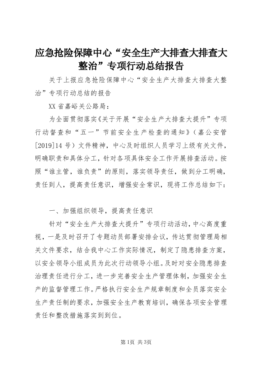 应急抢险保障中心“安全生产大排查大排查大整治”专项行动总结报告