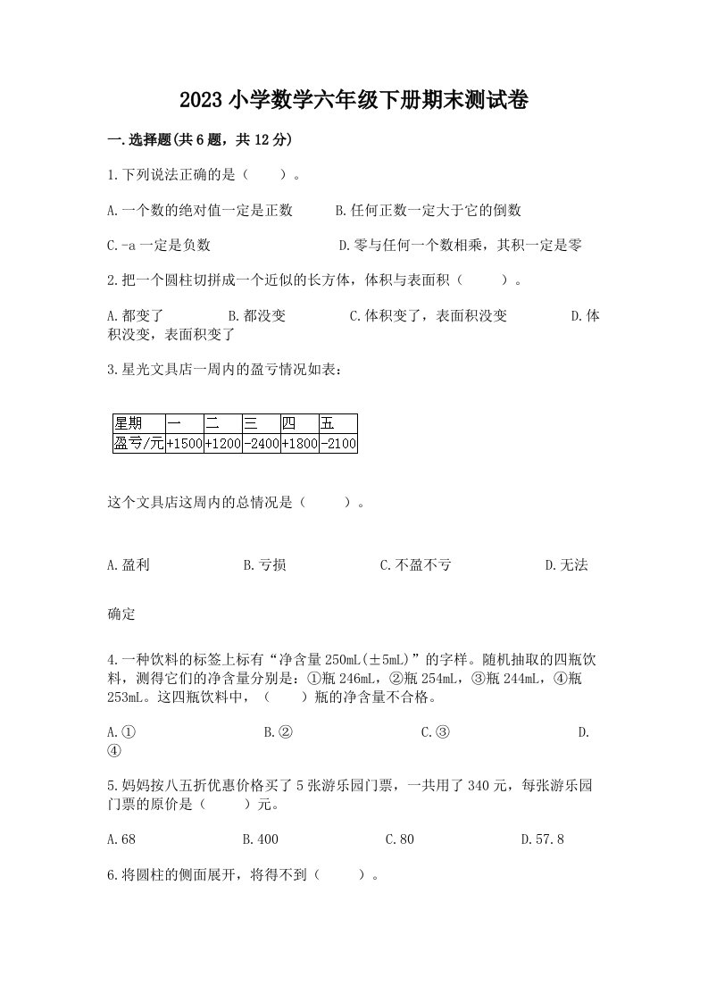 2023小学数学六年级下册期末测试卷（巩固）