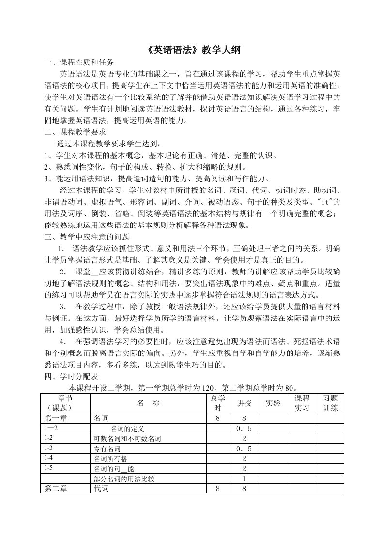 英语语法教学大纲