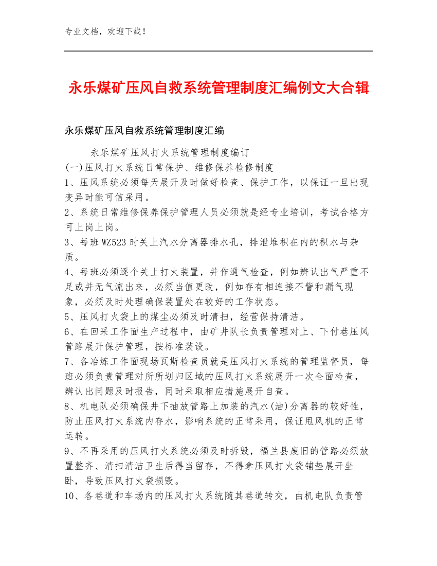 永乐煤矿压风自救系统管理制度汇编例文大合辑