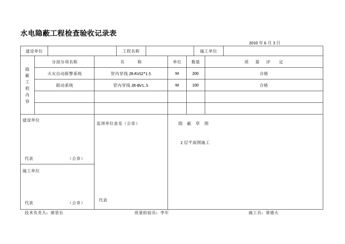 水电隐蔽工程检查验收记录表