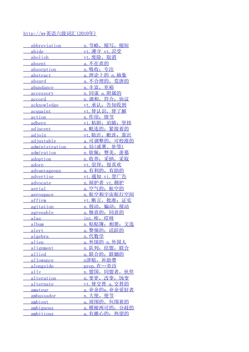 2010年大学英语六级词汇表1(免费下载)1