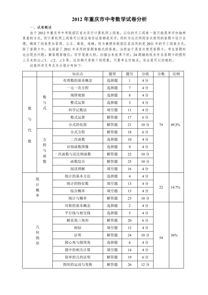 重庆中考数学试卷分析