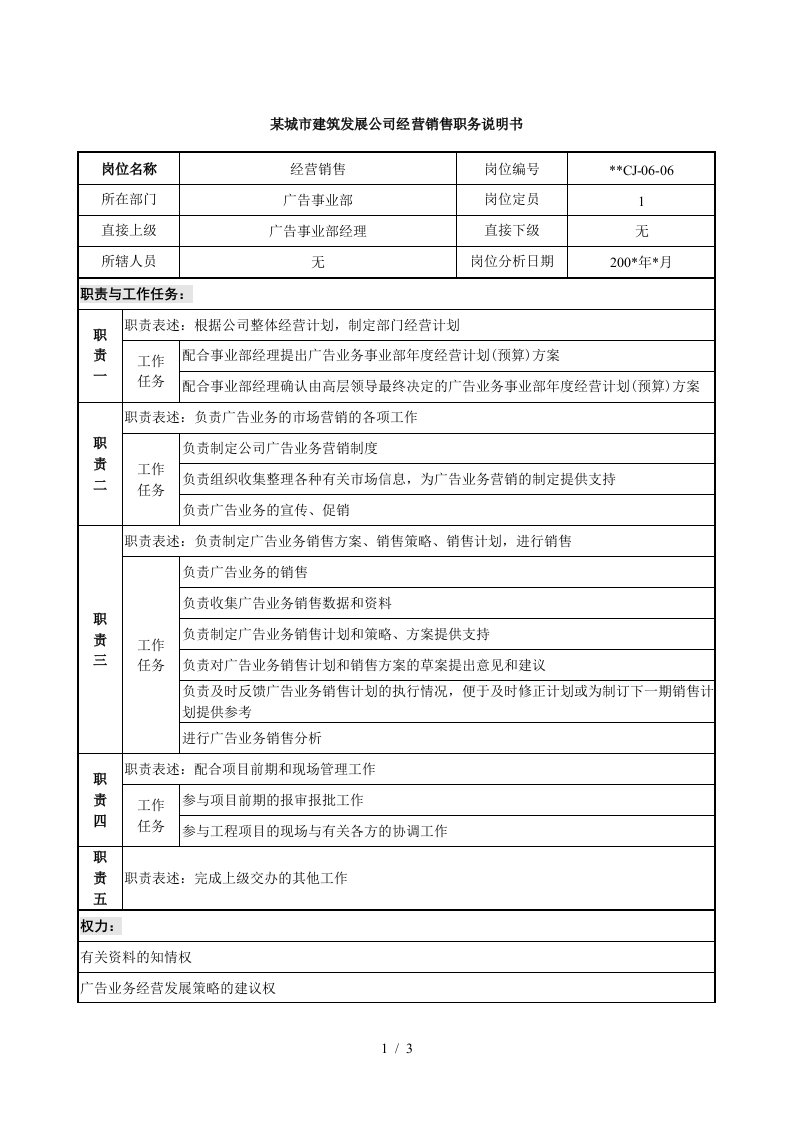 某城市建筑发展公司经营销售职务说明书