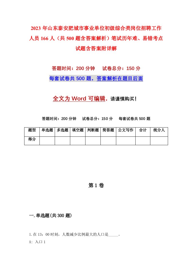 2023年山东泰安肥城市事业单位初级综合类岗位招聘工作人员166人共500题含答案解析笔试历年难易错考点试题含答案附详解