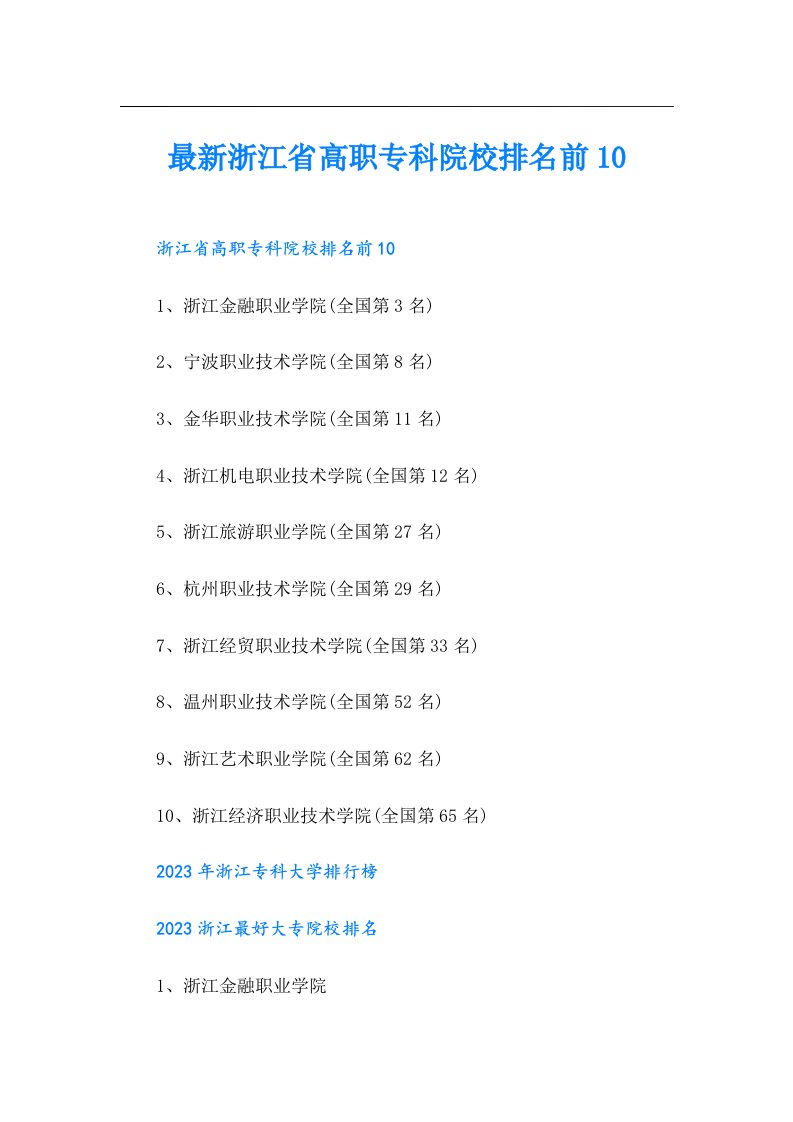 最新浙江省高职专科院校排名前10