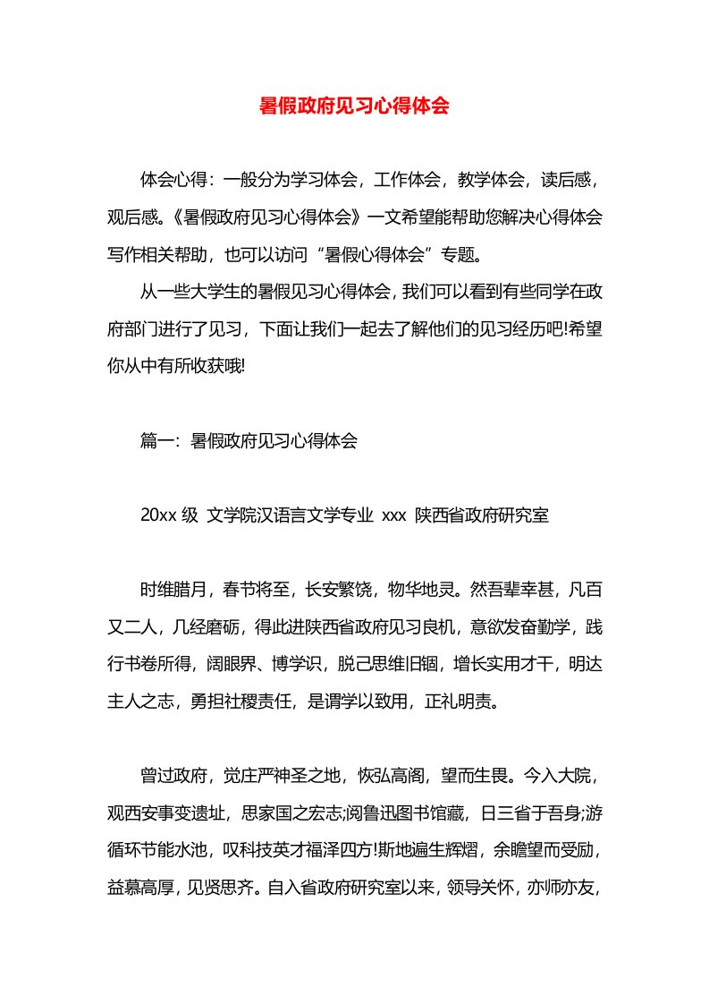 暑假政府见习心得体会